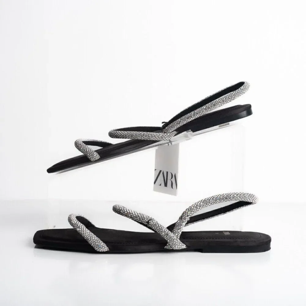 Zara Womens Black Strappy Rhinestone Slingback Flat Sandals Sz US 7.5 EU 38 - Picture 7 of 10